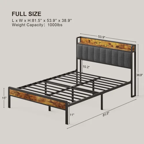 Vista 2 de Gizoon Base de cama matrimonial con cabecero y estribo, cama de plataforma Gris oscuro