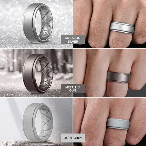 Vista 4 de Egnaro - Anillos de boda de silicona con borde escalonado para hombres con diseño de arco en el interior, 7, 4 y 1 anillo, cómodos para entrenar
