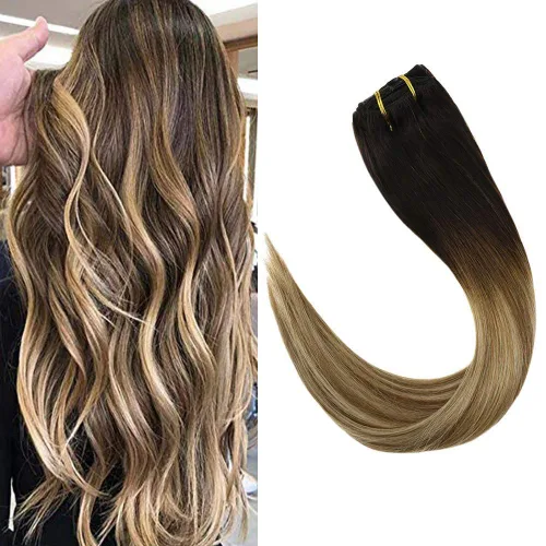 Vista 35 de Ve Sunny Extensiones de cabello clip-in de cabello humano real con reflejos, extensiones de cabello con clip para cabello corto, marrón oscuro