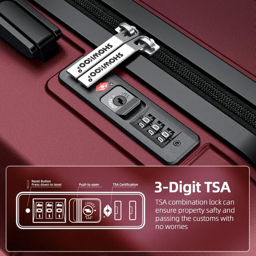 Vista 5 de SHOWKOO Sets de equipaje, maleta ampliable con doble ruedas, bloqueo TSA, 3pcs, Nuevo vino tinto), New Wine Red-01