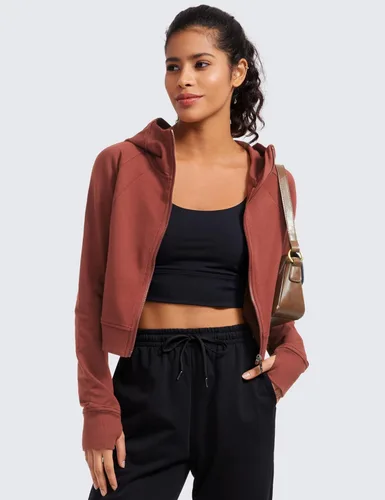 Vista 4 de CRZ YOGA Sudadera corta con capucha y cremallera completa para mujer, para entrenamiento, atlética, casual, manga larga, con agujeros para el pulgar