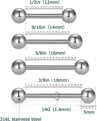 Vista 4 de VCMART Nipple Rings Tongue Rings Stainless Steel 14G Straight Barbells Piercing Jewelry 12mm,14mm,16mm,18mm