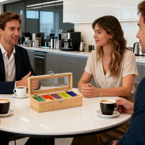 Vista 3 de Organizador de almacenamiento de bolsas de té de bambú, bolsa de té de madera, caja de almacenamiento de 5 compartimentos con tapa transparente