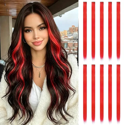 Vista 46 de FESHFEN Juego de 12 extensiones de cabello con clip, color negro, con clip, con purpurina, kit de accesorios coloridos para mujeres, de 20 pulgadas