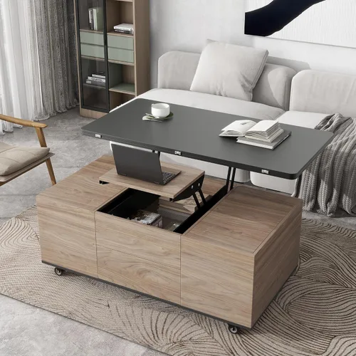 Vista 20 de Juego de 5 mesas auxiliares elevables con almacenamiento convertible con otomanas, para sala de estar, dormitorio, oficina, comedor (blanco antiguo)
