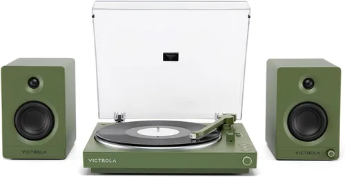 Vista 12 de Victrola - Tocadiscos Bluetooth completamente automático con cartucho Audio Technica ATN3600L y Victrola Tempo – Parlantes de estantería Bluetooth