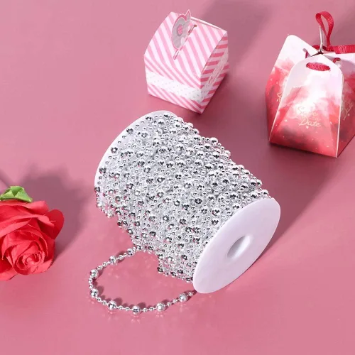 Vista 4 de LIZEALUCKY Perlas artificiales de 65.6 ft, guirnalda de cuentas de plata, árbol de Navidad, cortinas de boda, decoración de bricolaje, suministros
