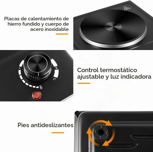 Vista 2 de CUSIMAX Placa eléctrica de un solo quemador, 1500W, acero inoxidable, negro