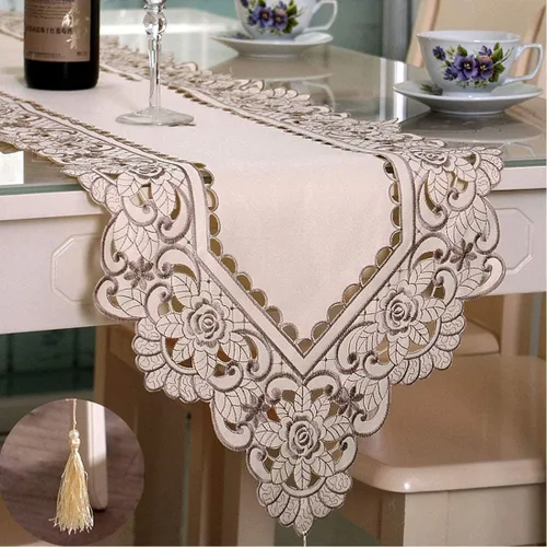 Vista 10 de LeLehome - Mantel de encaje bordado con flores color café