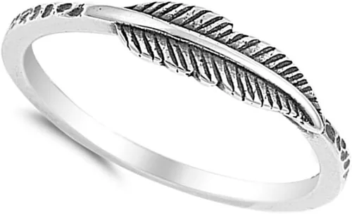 Vista 3 de Anillo de plumas de moda de hoja oxidada, anillo de plata de ley 925, tamaño 3-12, Metal, Sin piedras preciosas