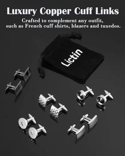 Vista 9 de Lictin Men's Cufflinks Cuff Links for Men, Stainless Steel Tuxedo Shirt Cuff Links Set