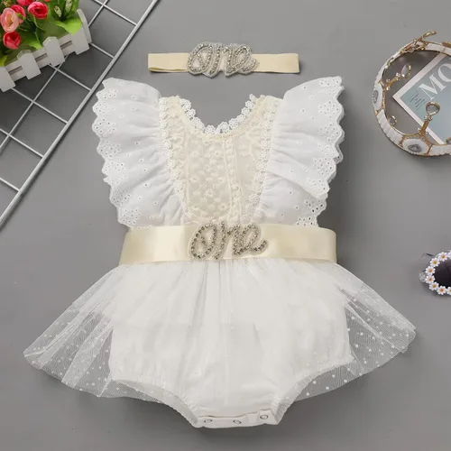 Vista 2 de Traje de bebé recién nacido para primer cumpleaños, traje de encaje bohemio, vestido tutú, brillante, banda para sesión de fotos, ropa