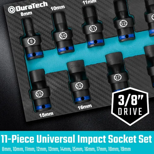 Vista 2 de DURATECH - Juego de llaves de impacto de 3/8 de pulgada, universal, con junta universal, 11 piezas, métricas, de 8 a 19 mm, acero Cr-Mo, organizadas