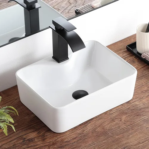 Vista 19 de Lavabo pequeño para baño tipo vasija 11.8"x11.8" pulgadas cuadrado, lavabo de baño de cerámica blanca, lavabos de baño modernos sobre encimera