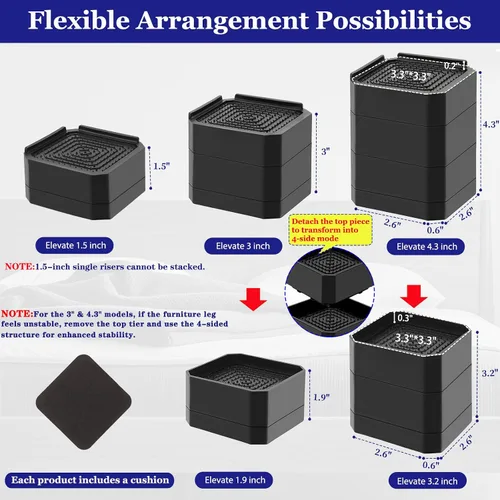 Vista 2 de Elevadores de cama resistentes, bloques elevadores de muebles ajustables de 1.5, 3, 4.3 pulgadas para patas de sofá, mesa, escritorio, refrigerador