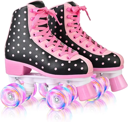 Vista 10 de SULIFEEL Patines de ruedas para niñas y mujeres con ruedas iluminadas y patrón de lunares, patines para niños y adultos para uso en interiores y al