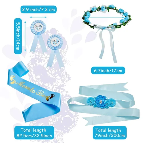 Vista 2 de Xinnun Kit de 5 bandas de maternidad para baby shower, banda de hombro y alfiler, corona de flores, corona de flores, banda para embarazo, tocado