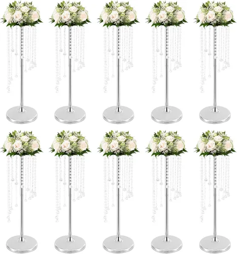 Vista 16 de 2 jarrones de flores de boda de 21.9 pulgadas de alto, centros de mesa plateados para mesa de boda, soporte alto de flores, centro de mesa Estilo 1