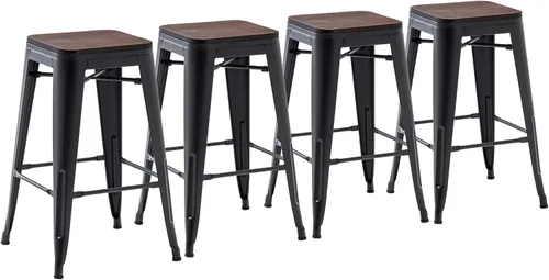 Vista 5 de Yongchuang Juego de 4 taburetes de bar de metal negro de 24 pulgadas, apilables, sin espalda, con parte superior de madera