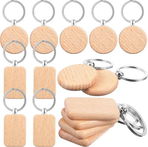 Vista 2 de MAGICLULU 10 llaveros de madera para grabado en blanco, llavero de madera en forma de rectángulo a granel, juego de llaveros de madera