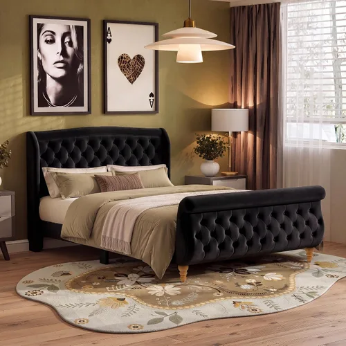 Vista 9 de SOFTSEA - Base de cama de tamaño queen de terciopelo con plataforma, base de cama tapizada con botones y cabecera de alas, 1 cajón grande y 2 Beige