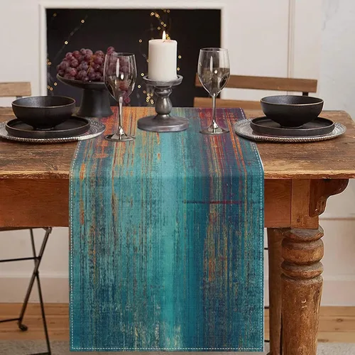 Vista 13 de Emvency - Camino de mesa de estilo granja, pintura de arte abstracto vintage en azul y gris para mesa de cocina, cenas familiares, fiestas, bodas