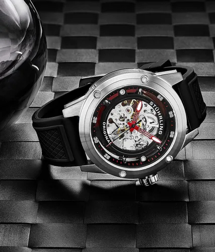 Vista 2 de Stuhrling Original Mens Automatic Watch Skeleton Stainless Steel Self Winding Dress Watch with Rubber Strap 50MM
