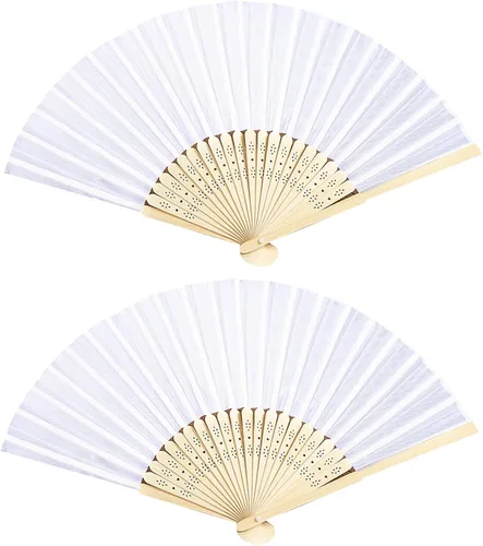 Vista 8 de Abanicos plegables de bambú blanco con tela de seda, perfectos para decoración de bricolaje, bodas, fiestas y bailes de verano (negro)