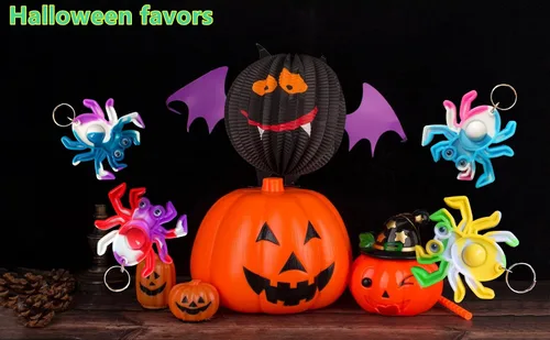Vista 5 de Paquete de 20 llaveros divertidos y únicos de araña, diseño de arcoíris, juguetes para fiestas de Halloween, juguetes para niños, estudiantes