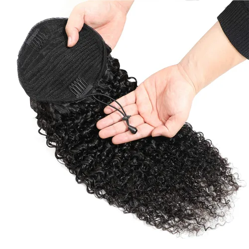 Vista 2 de Extensiones de cabello rizado para cola de caballo, cabello rizado para cola de caballo, extensión de cabello humano virgen brasileño