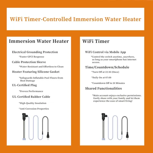 Vista 3 de Calentador de agua de inmersión portátil eléctrico sumergible de 2000 W con temporizador WiFi y apagado automático para piscina sobre el suelo