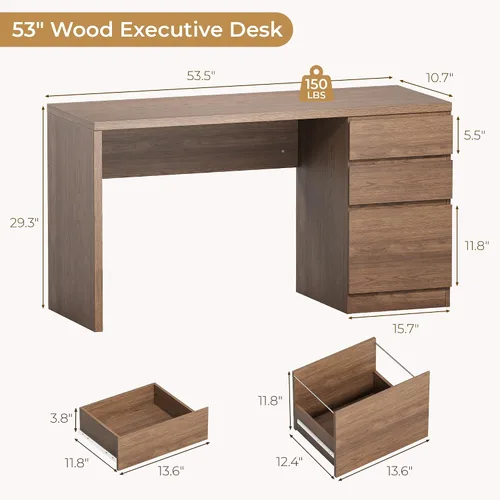 Vista 2 de FUNKOCO Escritorio blanco para computadora con 3 cajones, escritorio de madera para oficina en casa de 53 pulgadas con cajón de archivos