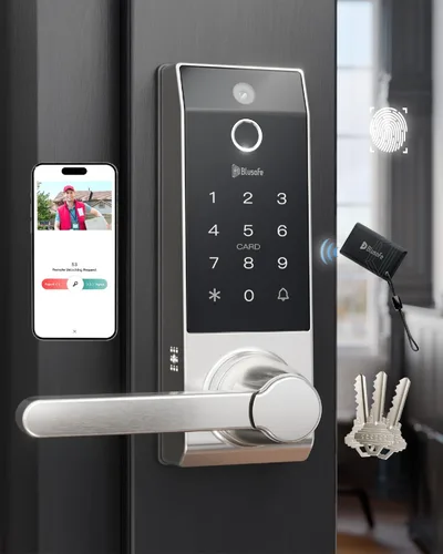 Vista 8 de Cerradura inteligente para timbre de puerta con huella dactilar para propietarios de viviendas o padres, cerradura de puerta con cámara y manija