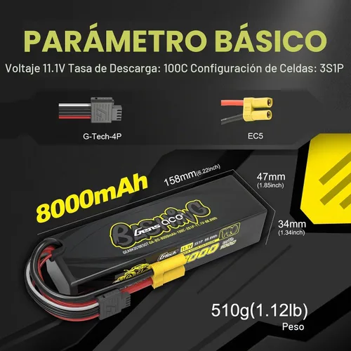Vista 3 de Gens ace G-Tech Bashing Pro 11.1V 100C 8000mah 3S Lipo Batería con EC5 Plug para RC Car RC Truck
