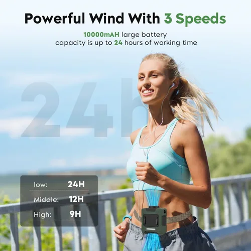 Vista 4 de LOUISWARE Ventilador de cintura portátil de 10000 mAh, flujo de aire fuerte, 18000 rpm, ventilador de cintura con máximo 12 horas de tiempo
