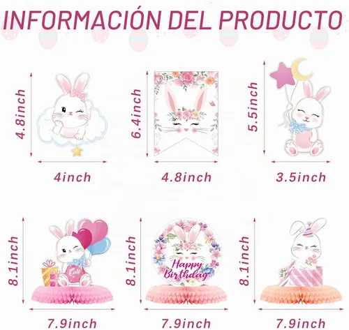 Vista 2 de Kit de decoración de fiesta de cumpleaños de conejo, 26 piezas, suministros de conejo, pancarta, panal, centro de mesa, remolinos colgantes