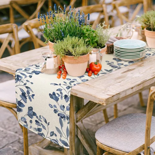 Vista 3 de AnyDesign Camino de mesa azul y blanco de 13 x 71.2 pulgadas, hojas de plantas azules, cubierta de mesa de acuarela, cocina, comedor, decoración