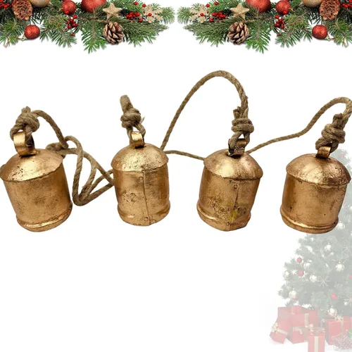 Vista 6 de BELLUXE - Campanas pequeñas de vaca rústicas de metal de estaño de la suerte hechas a mano, campanas de decoración de Navidad con cuerda de yute