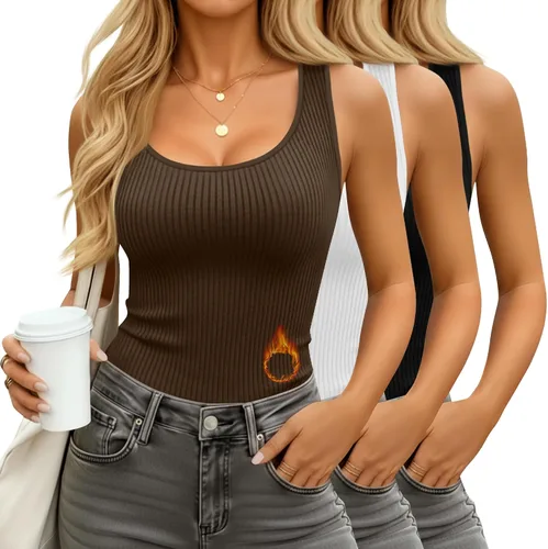 Vista 7 de Paquete de 3 camisetas térmicas sin mangas acanaladas para mujer, de forro polar de algodón, cuello redondo, ajustadas, capa base de camisola