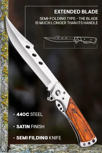 Vista 4 de Grand Way Cuchillo plegable de hoja larga – Cuchillos afilados para caza, senderismo, campamento, supervivencia táctica y trabajo para hombres