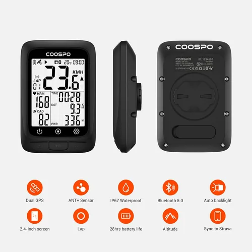 Vista 2 de COOSPO Ordenador de bicicleta GPS inalámbrico, ANT+ Ciclismo GPS con Bluetooth, multifuncional ANT+ computadora de bicicleta GPS con pantalla LCD