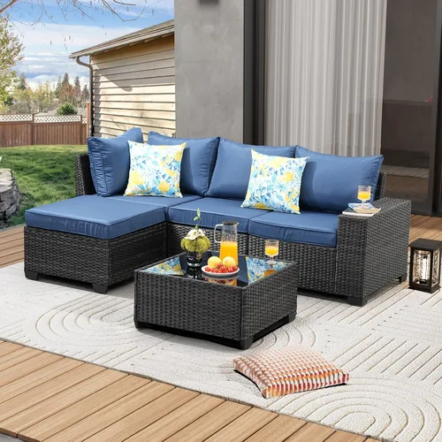 Vista 26 de JOYURE Juego de muebles de patio de 5 piezas, para todo tipo de clima, para exterior, sofá seccional de mimbre, sofá de ratán para patio con cojín