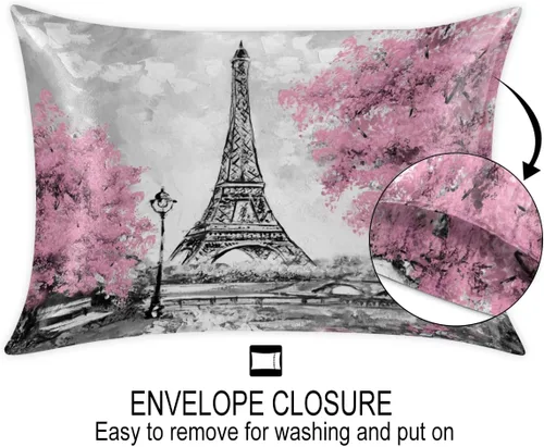 Vista 2 de Funda de almohada de satén con cierre de sobre para cabello y piel, funda de almohada de seda tamaño estándar francés París Torre Eiffel Street