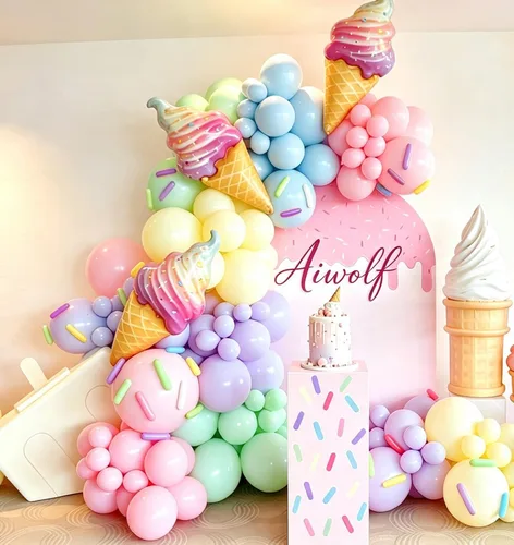Vista 3 de Kit de arco de globos de helado – Juego de 142 guirnaldas de globos pastel con globo de Mylar de aluminio de helado de 37 pulgadas, globos torcidos