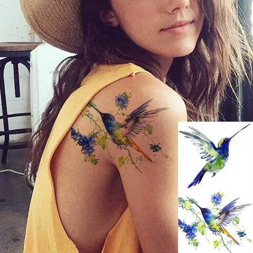 Vista 3 de 15 hojas de tatuajes temporales de colibrí de acuarela 3D de FANRUI para mujeres y niñas, pequeño, multicolor, colibrí, tatuaje, temporal, colorido