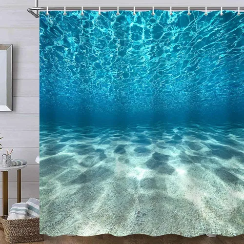 Vista 7 de MERCHR Cortina de ducha de playa azul océano, naturaleza bajo el agua, escena del mundo del mar, cortinas de baño, tela impermeable, 36 x 72 pulgadas