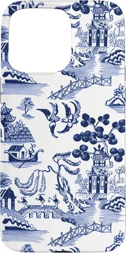 Vista 30 de iPhone 14 Pro Preppy Azul y Blanco Willow Patrón Chinoiserie Toile Case