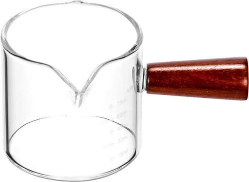 Vista 5 de QWORK Vaso de leche de medición de doble boquilla, paquete de 2 vasos de chupito de espresso de 2.5 fl oz con mango de madera, jarra triple