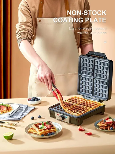 Vista 2 de Máquina de gofres belga de 4 rebanadas, plancha para gofres de 1200W, plancha antidesbordamiento con perilla de tostado, placas antiadherentes