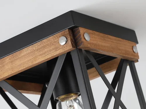 Vista 6 de Lámpara de techo rústica de madera de granja, jaula cuadrada de madera de roble y metal, pequeña lámpara de techo semiempotrada para cocina